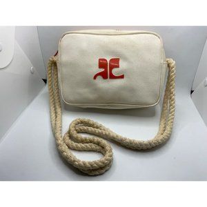 Vintage Courreges Iconic Shoulder Bag White Canvas w/Orange Vinyl Accents